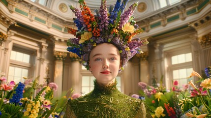 Wall Mural - a woman with a bunch of flowers on her head in a room full of windows and flowers all around her head.