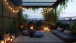 Japandi rooftop terrace with bamboo fencing, floor cushions, and lantern string lights


