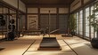 Japandi-inspired home gym with tatami flooring, minimalist equipment, and shoji screens.