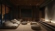 Japandi-inspired home theater with low seating, natural textures, and muted lighting.