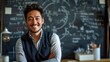 © Katsiaryna - Portrait of smiling asian teacher standing with crossed arms against blackboard