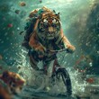 tiger riding a bicycle with water