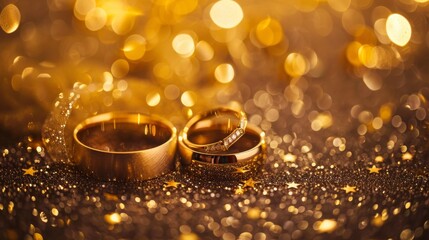 Wall Mural - A captivating gold background adorned with wedding rings and stars, creating a festive and romantic atmosphere