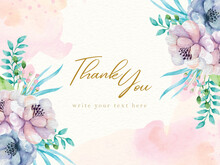 Thank You Greeting Card With Hand Painting Of Watercolor Flower Ornaments