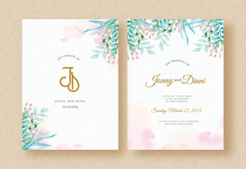 Wall Mural - Wedding Invitation Card with Green Florals Watercolor Background and Splash