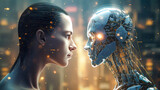 Fototapeta Nowy Jork - A woman and a robot are facing each other in a city setting. The robot has a metallic appearance and is surrounded by sparks, giving the impression of a futuristic, technological world
