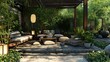 Outdoor seating area with Japandi-inspired furniture, lanterns, and a tranquil garden



