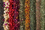 Fototapeta Nowy Jork - Herbal Tea Mixes Set Top View Flat Lay on Natural Background. Dry Organic Healthy Tea Leaves, Fruits, Flowers