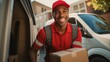 Create a positive and efficient portrayal of a delivery courier service, depicting a smiling man in a red cap and uniform holding a cardboard box near a van truck. 