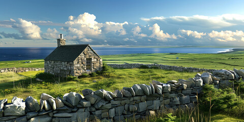 Wall Mural - stone cottage in the irish countryside, generative AI