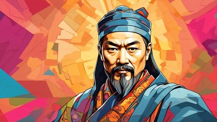 Wall Mural - Sun tzu portrait colorful geometric shapes background. Digital painting. Vector illustration from Generative AI