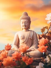 Wall Mural - Buddha statue. background blurred flowers and sky with the light of the sun and copy space - generative ai