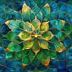 Aufkleber - A stunning mosaic artwork of a flower with intricate glass pieces in various shades of blue and green