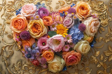 Poster - A heart-shaped arrangement of vibrant flowers placed against a luxurious gold background, creating a harmonious and elegant display of love and beauty