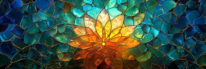 Poster - a vibrant stained glass window featuring a stunning flower design, showcasing intricate colors and d
