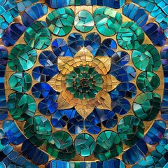 Aufkleber - A detailed mosaic mandala showcasing vibrant blues and shimmering golds, exuding artistic charm