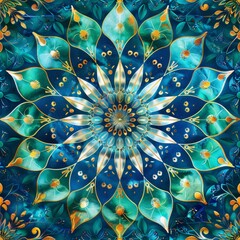 Poster - A mesmerizing kaleidoscope design featuring vibrant blue and golden flowers with intricate detailing