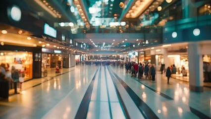 Wall Mural - Abstract blurred photo of many people shopping inside department store or modern  shopping mall. Urban lifestyle and black Friday shopping, motion, speed, blurred, group, city, modern