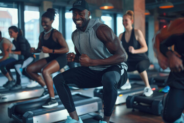 Wall Mural - A group of people doing lunge squats on a step platform in the gym, dressed in sportswear and sweat pants, wearing sneakers