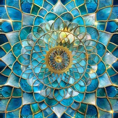 Poster - An exquisitely crafted blue stained glass resembling a floral design basks in the radiance of natural light