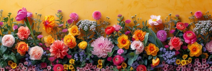 Poster - A vibrant bunch of assorted flowers adorns a plain wall, bringing color and life to the space