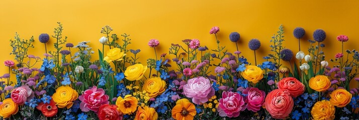 Poster - A vibrant bouquet of flowers stands gracefully in front of a radiant yellow wall, creating a striking contrast of colors and textures