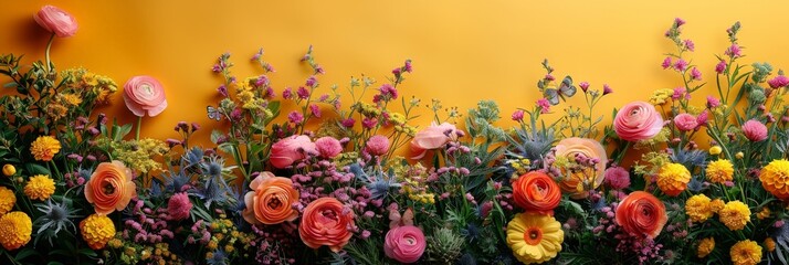 Wall Mural - A vibrant bouquet of assorted flowers stands gracefully before a textured wall, casting shadows in the soft sunlight