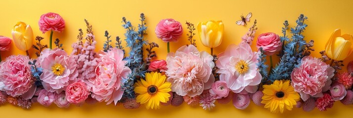 Poster - A cluster of vibrant flowers adorns a wall, their petals seemingly floating in mid-air, creating a whimsical and enchanting scene