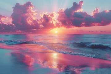 Aufkleber - The sun gracefully sets over the vast ocean, casting a golden glow on the water. Wispy clouds drift in the sky, creating a breathtaking scene of natures beauty