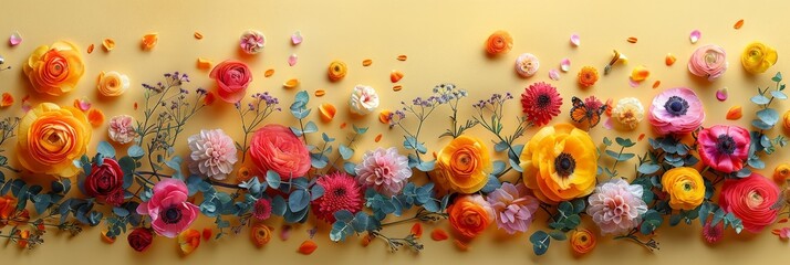 Poster - Multicolored flowers arranged in a bunch are blooming vibrantly against a plain wall, creating a stunning contrast of nature and man-made structure