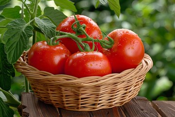 Sticker - A rustic wooden table holds a woven basket overflowing with vibrant, ripe tomatoes. The tomatoes glisten in the sunlight, showcasing their freshness