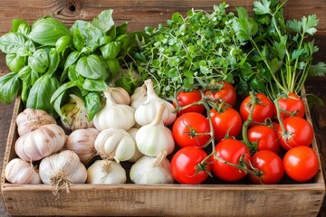 Poster - A wooden box brimming with an abundance of colorful and vibrant fresh vegetables, showcasing the beauty of a bountiful harvest