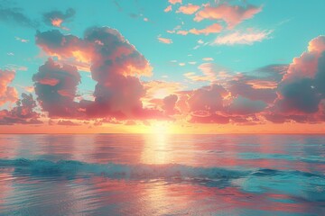 Poster - A breathtaking sunset casting warm hues over the tranquil ocean, with soft clouds drifting in the sky