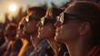group of people watching the eclipse with dark glasses outdoors in high resolution and high quality. solar eclipse concept, astronomy, people, sun, moon
