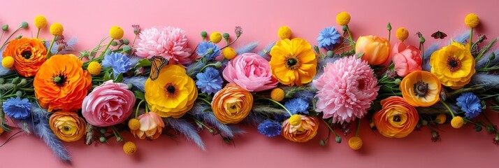 Poster - A vibrant assortment of flowers arranged in a bunch against a pink wall, creating a visually appealing and colorful display