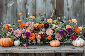 Poster - A wooden table adorned with an abundance of colorful flowers and pumpkins, creating a vibrant and festive fall display