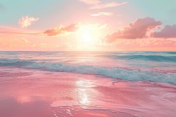 Canvas Print - The sun gracefully dips below the horizon, casting a warm orange glow over the tranquil waters of the beach