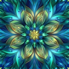 Fototapete - A mesmerizing floral kaleidoscope mandala design blossoms with vibrant blue and green hues