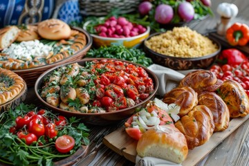 Poster - A colorful assortment of various dishes and snacks displayed artistically on a table, showcasing a mix of flavors, textures, and aromas inviting a delightful feast