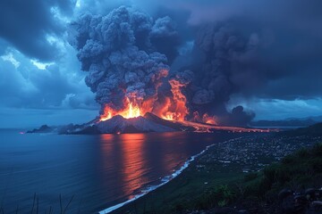 Poster - A massive plume of smoke billows into the sky, rising from the fiery mouth of a volcano, painting the atmosphere with ash and ominous beauty