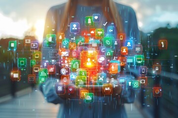 Poster - A woman stands holding a tablet filled with a myriad of colorful icons. Her expression is one of concentration as she interacts with the screen, navigating various apps and functions