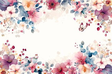 Poster - A vibrant watercolor painting featuring a variety of colorful flowers and delicate butterflies in a whimsical garden setting