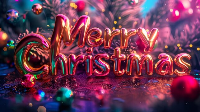 Colorful Glossy Surface Merry Christmas concept creative horizontal art poster.