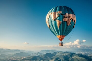 Wall Mural - A colorful hot air balloon gracefully drifts across a stunning mountain range, with snow-capped peaks and lush green valleys below