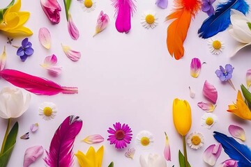 Poster - A captivating arrangement of colorful flowers and delicate feathers forming a mesmerizing circular pattern, creating an enchanting and artistic display