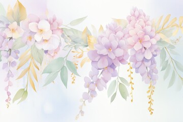 Poster - A captivating painting featuring delicate purple wisteria flowers blooming vibrantly against a pristine white background
