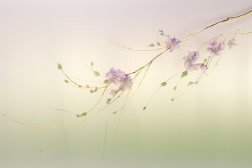 Poster - A detailed painting of a branch adorned with vibrant purple flowers, standing out against a dreamy twilight background