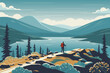 Lonely traveller hiking in the mountains, vector illustration. Beautiful nature outdoor, backpacking trip to a national park