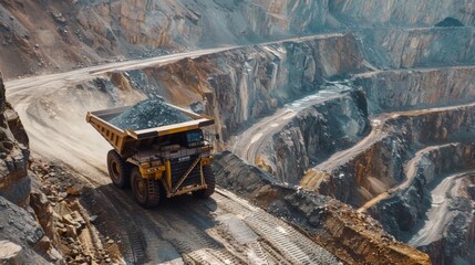 A mining truck drives through rocky terrain, with layered rock formations in the background