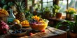 Plantbased pineapple and fruit bowl on wooden table